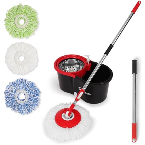 SIMPLIMAGIC 360 Spin Mop and Bucket with Wringer 3 HighAbsorbent Microfiber Washable Heads Spinning Mop and Bucket Set for All Types Floor Cleaning Black